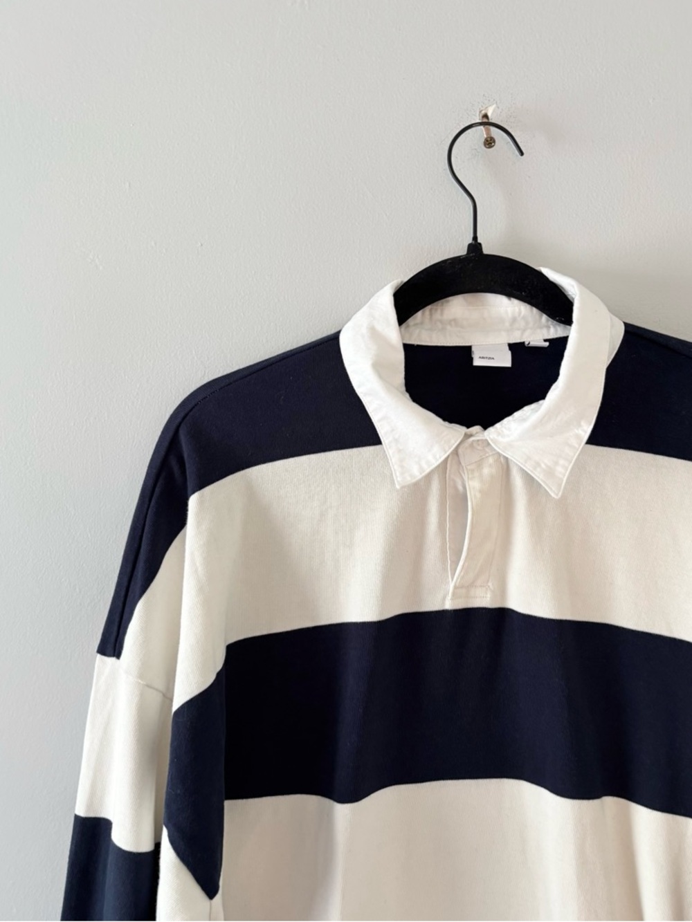 TNA Mighty Cotton Lomu Pullover Sweater Polo Stripes Long Sleeve Navy Aritzia - Picture 3 of 6
